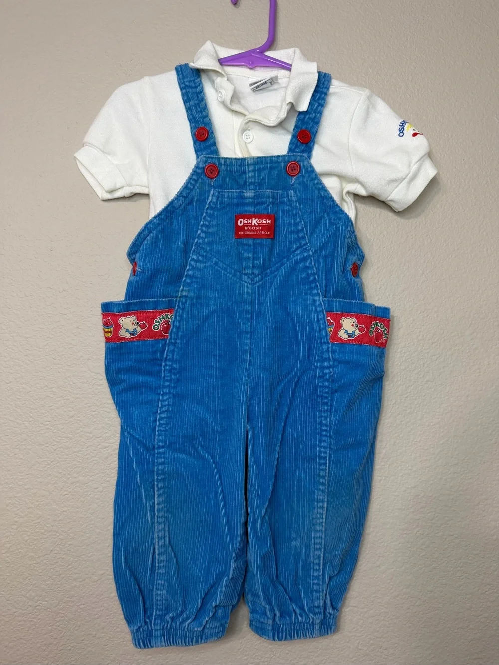 OshKosh B'gosh Bright Blue Corduroy Overalls with Red Accents (Read Description)